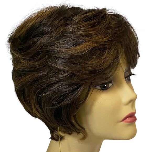 Human Hair Blend Wig Dk Brown Copper Frost Layered Pixie for Women A835W5 - Picture 7 of 9